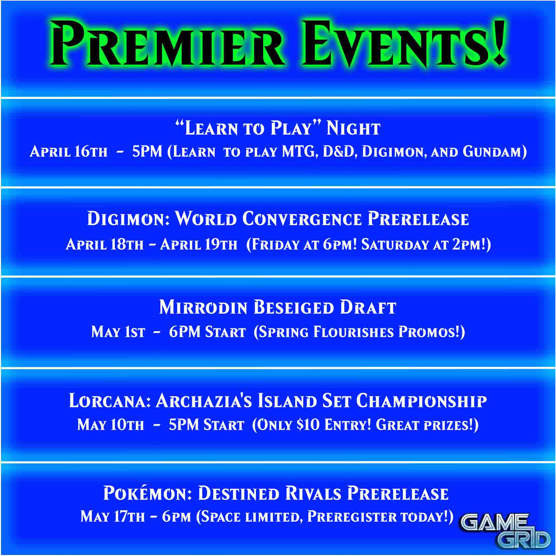 Upcoming Premier Events April/Early May 2025