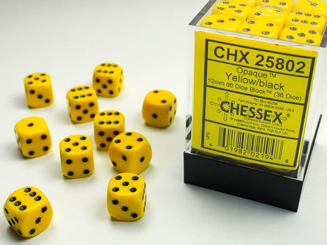 12mm D6 Brick: Opaque - Yellow/Black (36)