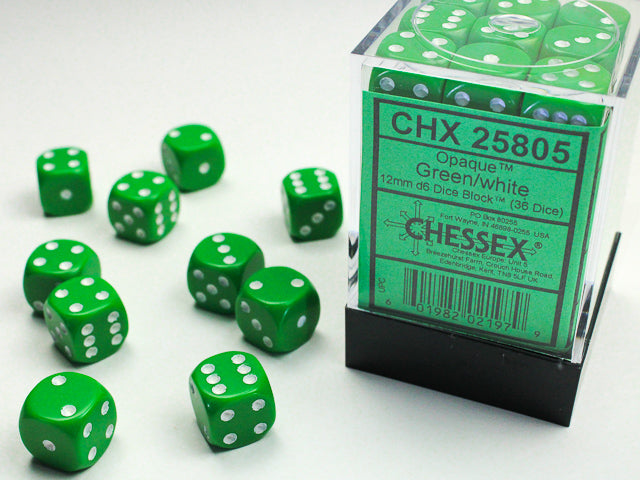 12mm D6 Brick: Opaque - Green/White (36ct)