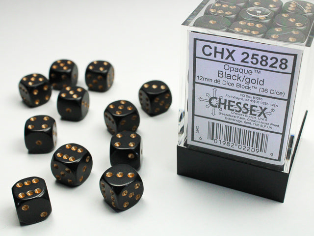 12mm D6 Brick: Opaque - Black/Gold (36)