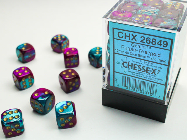 12mm D6 Brick: Gemini - Purple-Teal/Gold (36)