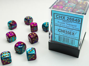 12mm D6 Brick: Gemini - Purple-Teal/Gold (36)