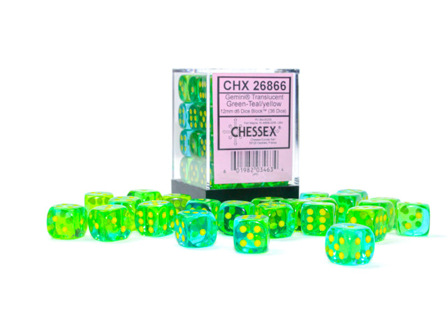12mm D6 Brick: Gemini Translucent - Green-Teal/Yellow (36)