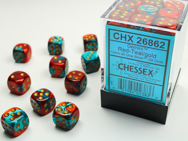 12mm D6 Brick: Gemini - Red-Teal/Gold (36)