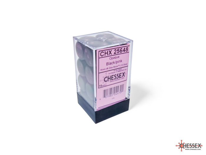 16mm D6 Brick: Opaque -Black/Pink (12ct)