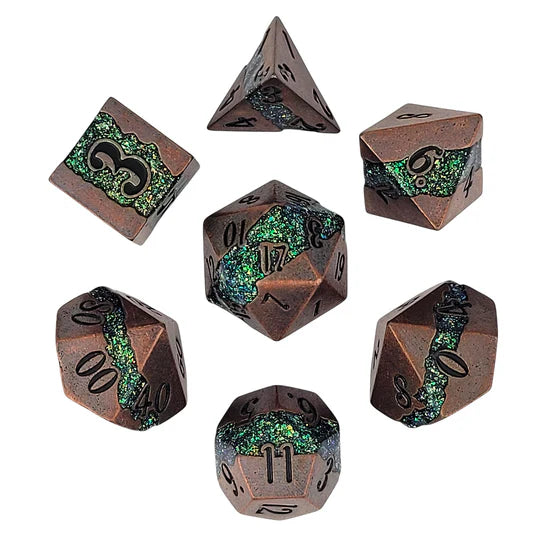 Metal RPG Dice Set: Galactic Flow - Ancient Copper & Green