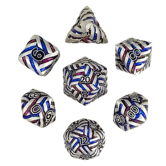 Metal RPG Dice Set: Cosmic Energy - Brushed Steel Blue & Red