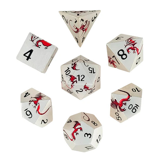 Metal RPG Dice Set: Dragon's Flight - Matte Silver & Red