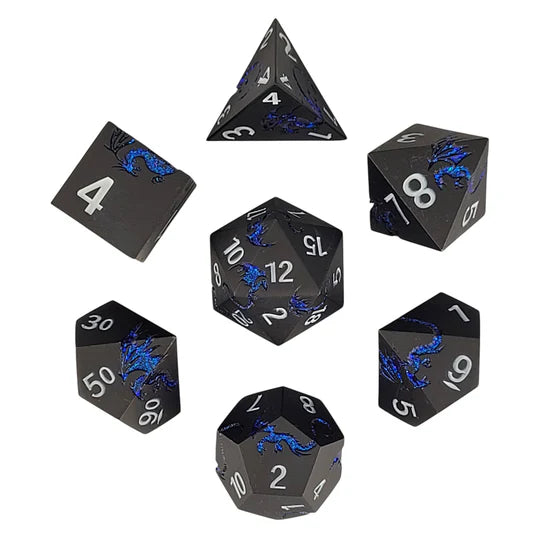 Metal RPG Dice Set: Dragon's Flight - Matte Gunmetal & Glitter Blue