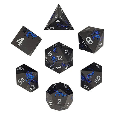 Metal RPG Dice Set: Dragon's Flight - Matte Gunmetal & Glitter Blue