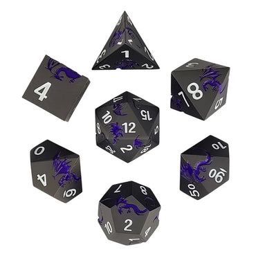 Metal RPG Dice Set: Dragon's Flight - Matte Gunmetal & Purple