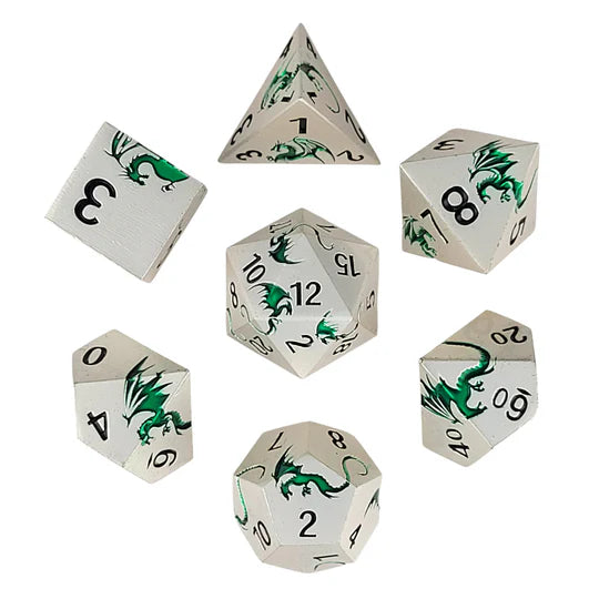 Metal RPG Dice Set: Dragon's Flight - Matte Silver & Green