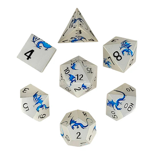 Metal RPG Dice Set: Dragon's Flight - Matte Silver & Blue