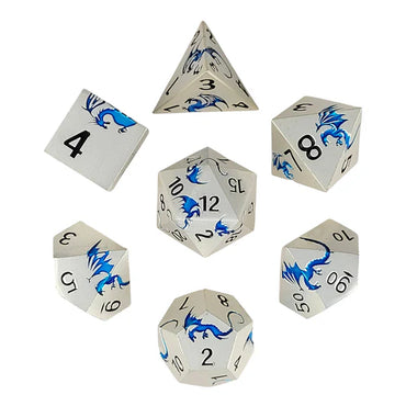 Metal RPG Dice Set: Dragon's Flight - Matte Silver & Blue