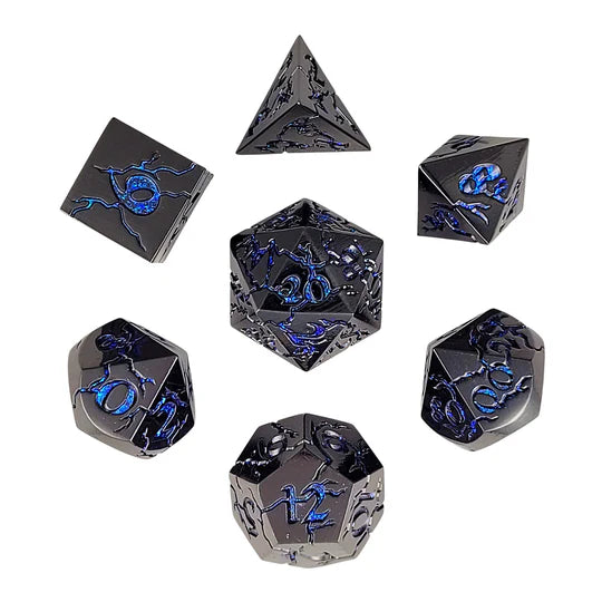 Metal RPG Dice Set: Cracked - Gunmetal/Blue Glitter