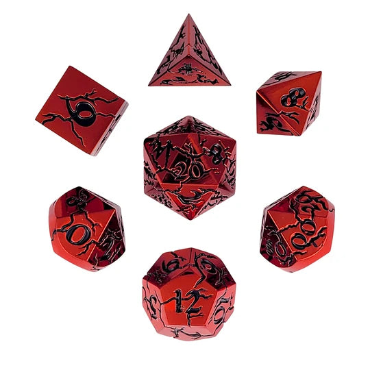 Cracked Red with Black Enamel Set of 7 Metal Dice Set