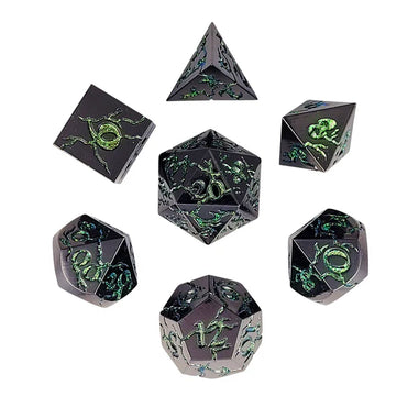 Metal RPG Dice Set: Cracked - Gunmetal/Green Glitter
