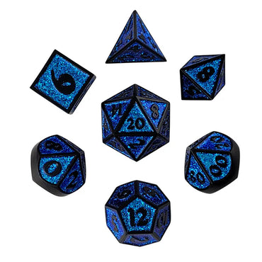 Metal RPG Dice Set: Guardian - Matte Black & Blue Glitter