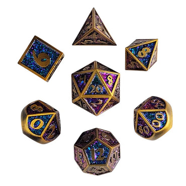 Metal RPG Dice Set: Guardian - Bronze & Blue/Purple Glitter