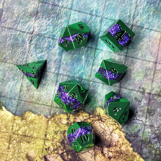 Metal RPG Dice Set: Galactic Flow - Green Purple Metal