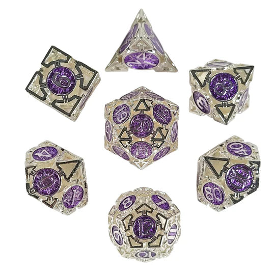Hollow Metal RPG Dice Set: Wind's Rose - Ancient Silver & Purple