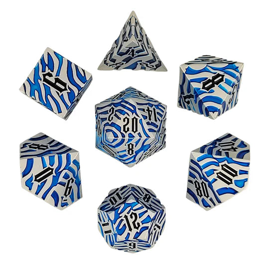 Metal RPG Dice Set: Tiger Stripe - Silver/Blue
