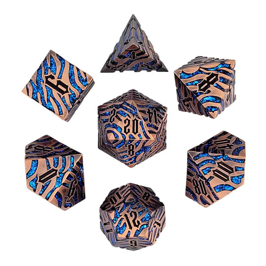 Metal RPG Dice Set: Tiger Stripe - Copper/Blue