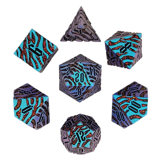 Metal RPG Dice Set: Tiger Stripe - Blue/Red