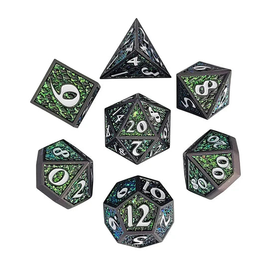 Metal RPG Dice Set: Dragon Scale - Gunmetal/Green