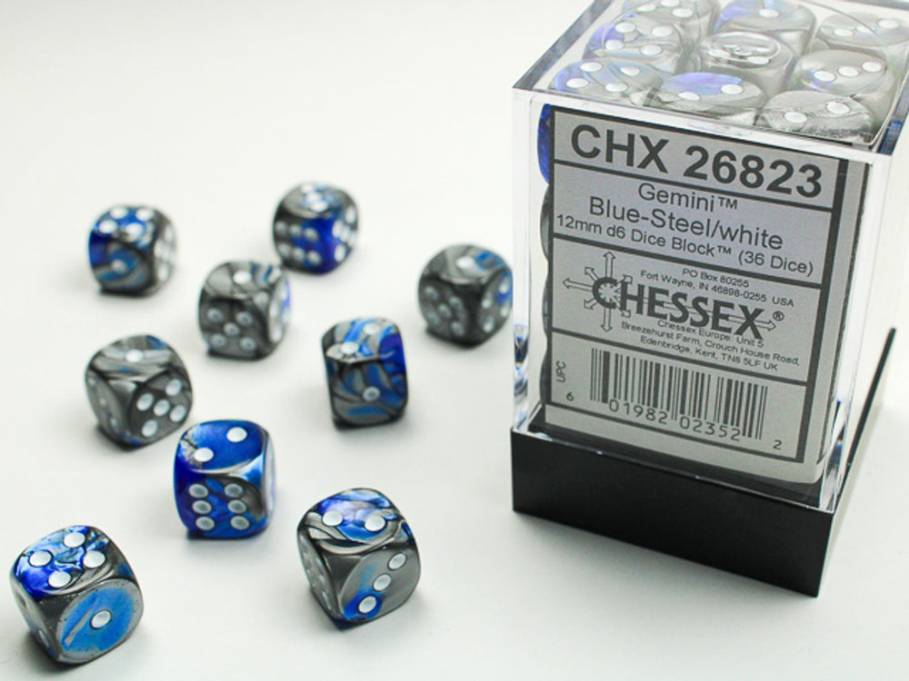 12mm D6 Brick: Gemini - Blue-Steel/White (36)
