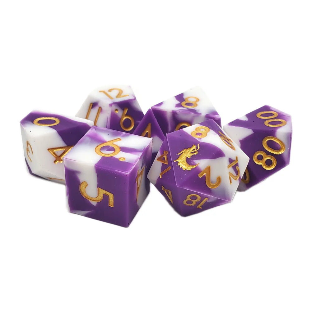 Silicone 7-Piece Dice Set - Purple & White w/ Gold
