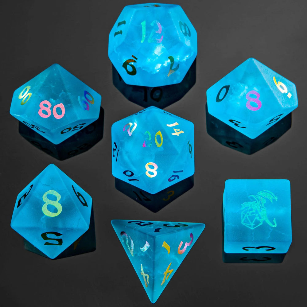 Dragon's Horde Gemstone Dice: Sea Blue w/ Rainbow Numbers