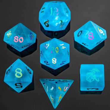 Dragon's Horde Gemstone Dice: Sea Blue w/ Rainbow Numbers