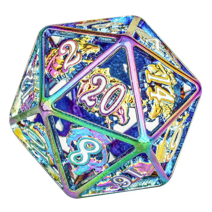 Rainbow with White Enamel Hollow Metal Dragon Dice Set