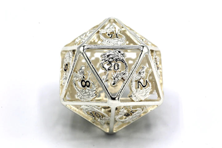 Titan Giant Hollow Dragon Metal D20 Dice - Silver and Black