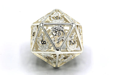 Titan Giant Hollow Dragon Metal D20 Dice - Silver and Black