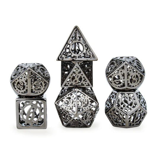 Holy Metal Gear Dice Set: Shiny Silver and Black