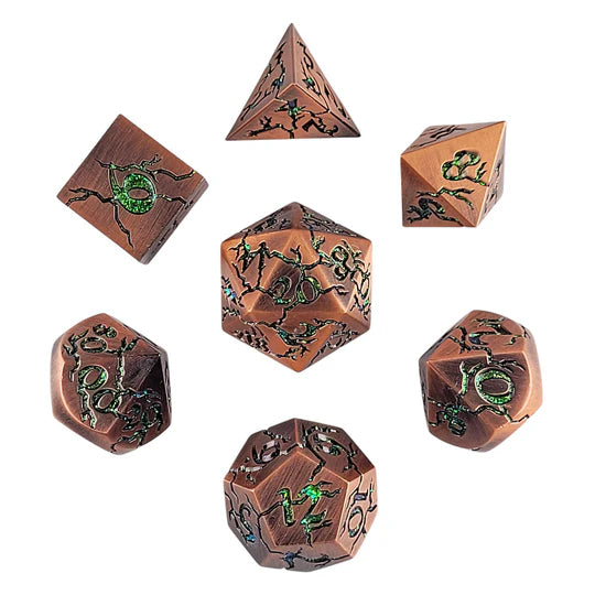 Metal RPG Dice Set: Cracked - Copper/Green Glitter