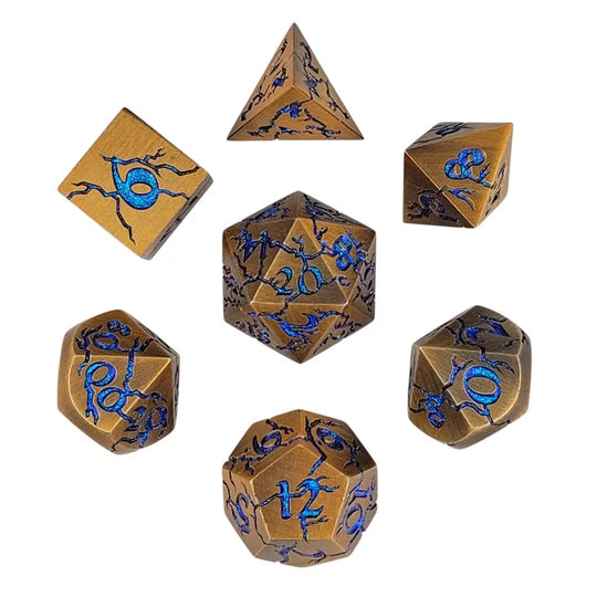 Cracked Bronze with Blue Glitter Set of 7 Metal Dice Set