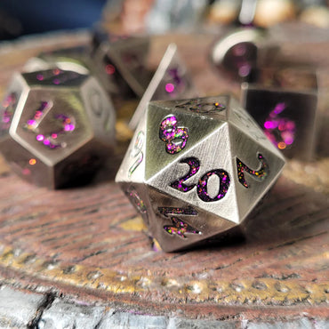 Forged Lore Antique Silver with Magenta Mica 7-Piece Metal Dice Set