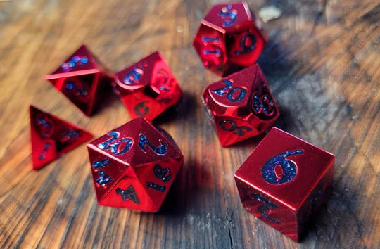 Forged Lore Polished Red with Starry Mica Metal RPG Dice Set of 7