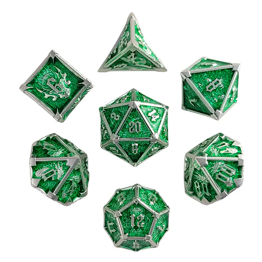 Metal RPG Dice Set: Ossuary Obscura - Silver & Green