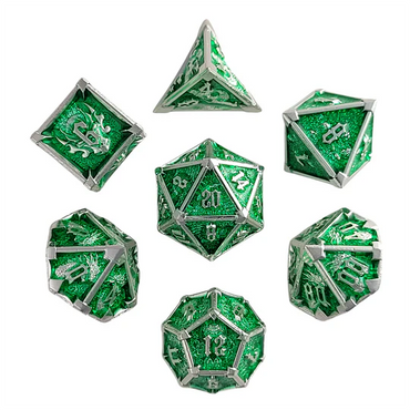 Metal RPG Dice Set: Ossuary Obscura - Silver & Green