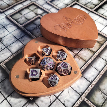Soaring Heart Set of 7 Heart-Shaped Metal RPG Dice and Heart Dice Box - Brown Heart Box