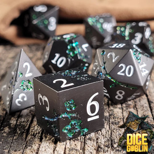 Metal RPG Dice Set: Flowers - Black/Green Glitter