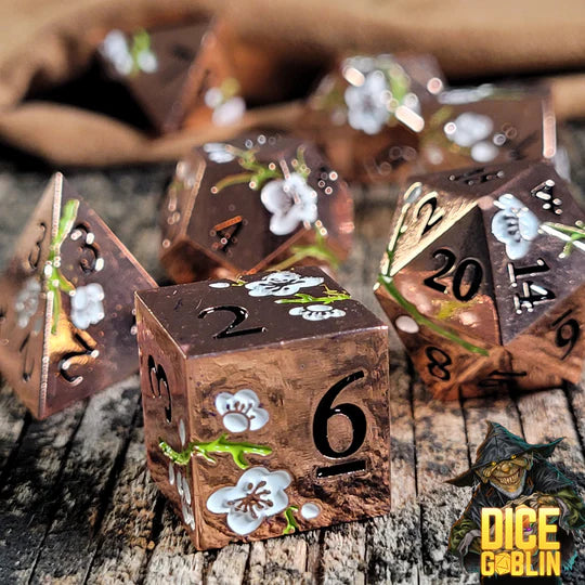 Metal RPG Dice Set: Flowers - Copper/Green/White