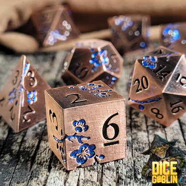 Metal RPG Dice Set: Flowers - Copper/Blue Glitter