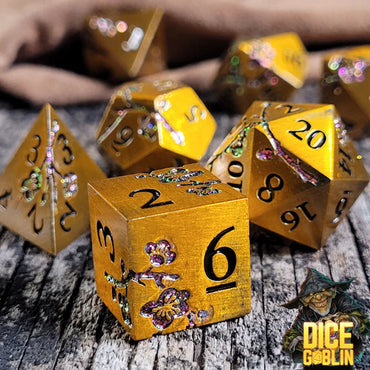 Metal RPG Dice Set: Flowers - Gold/Purple Glitter