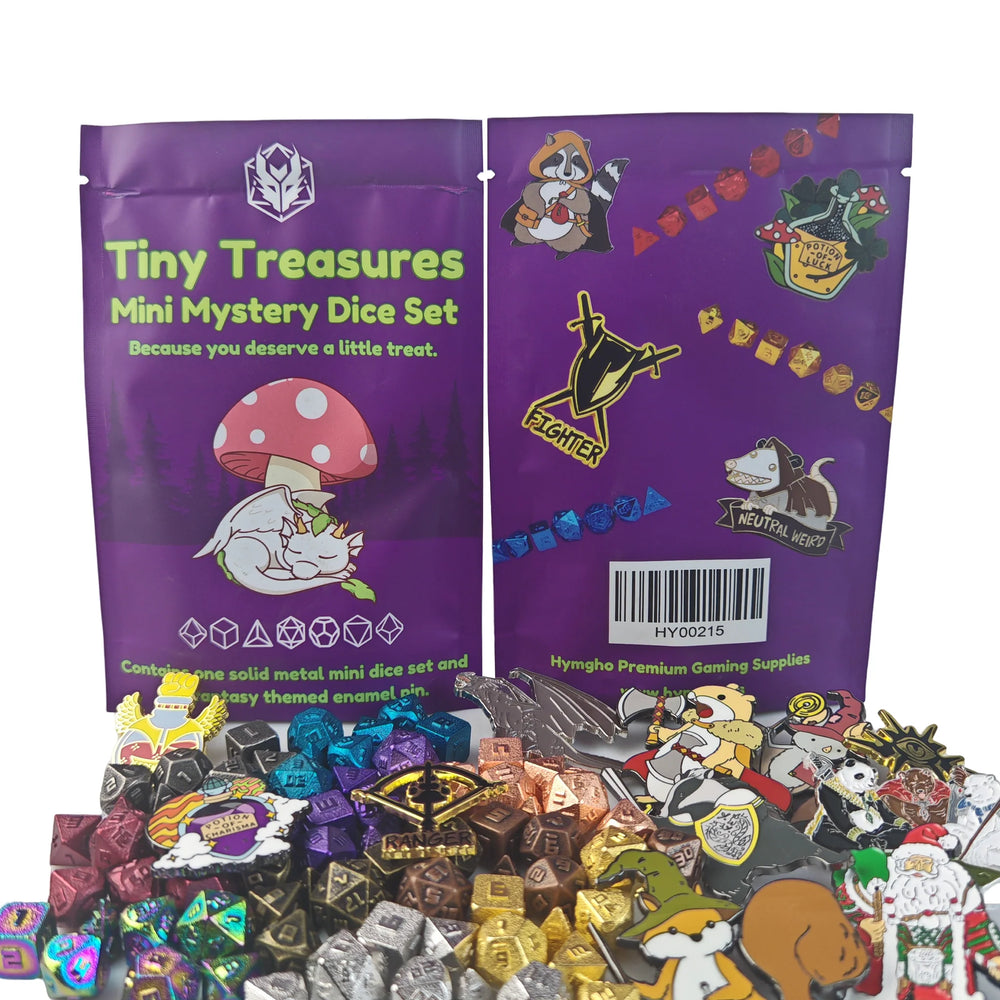 Tiny Treasures Mini Mystery Dice Set and 1 Enamel Pin