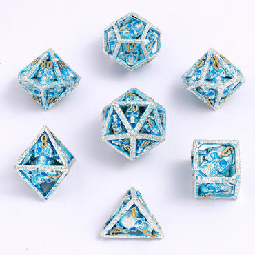 Hollow Metal RPG Dice Set: Skull's Grin - Glow in the Dark Blue
